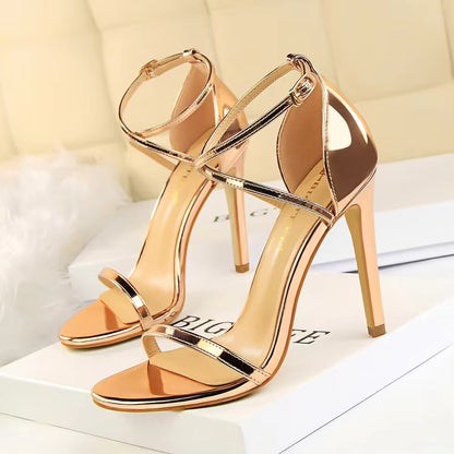 Sexy Nightclub High-Heeled Sandals – Metallic Cross Strap, Slim Heel, Open Toe (Wedding)